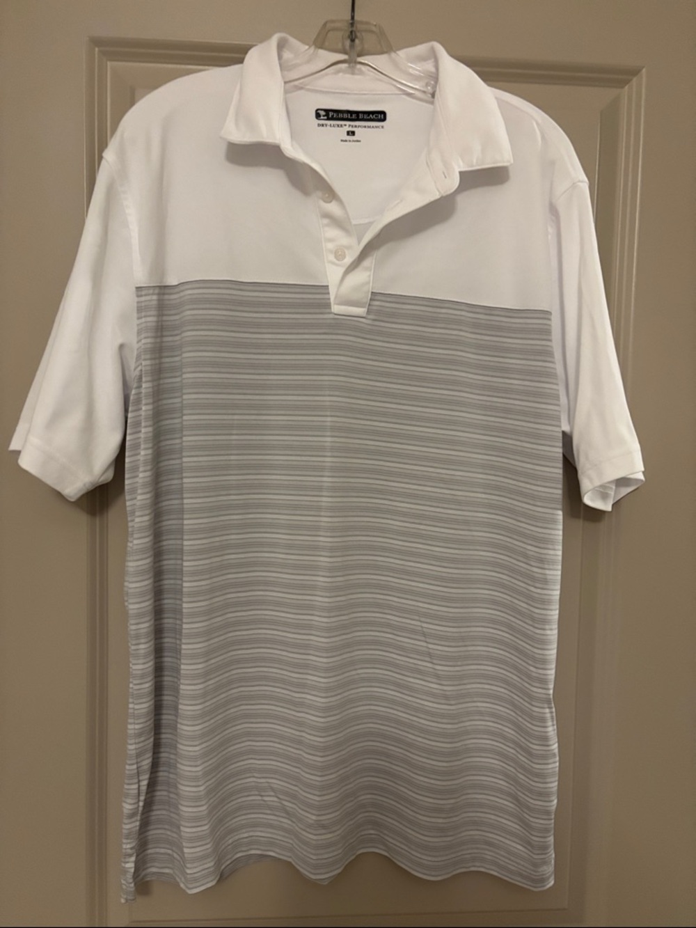 Pebble Beach Men’s White and Light Gray Horizontal Stripe Polo